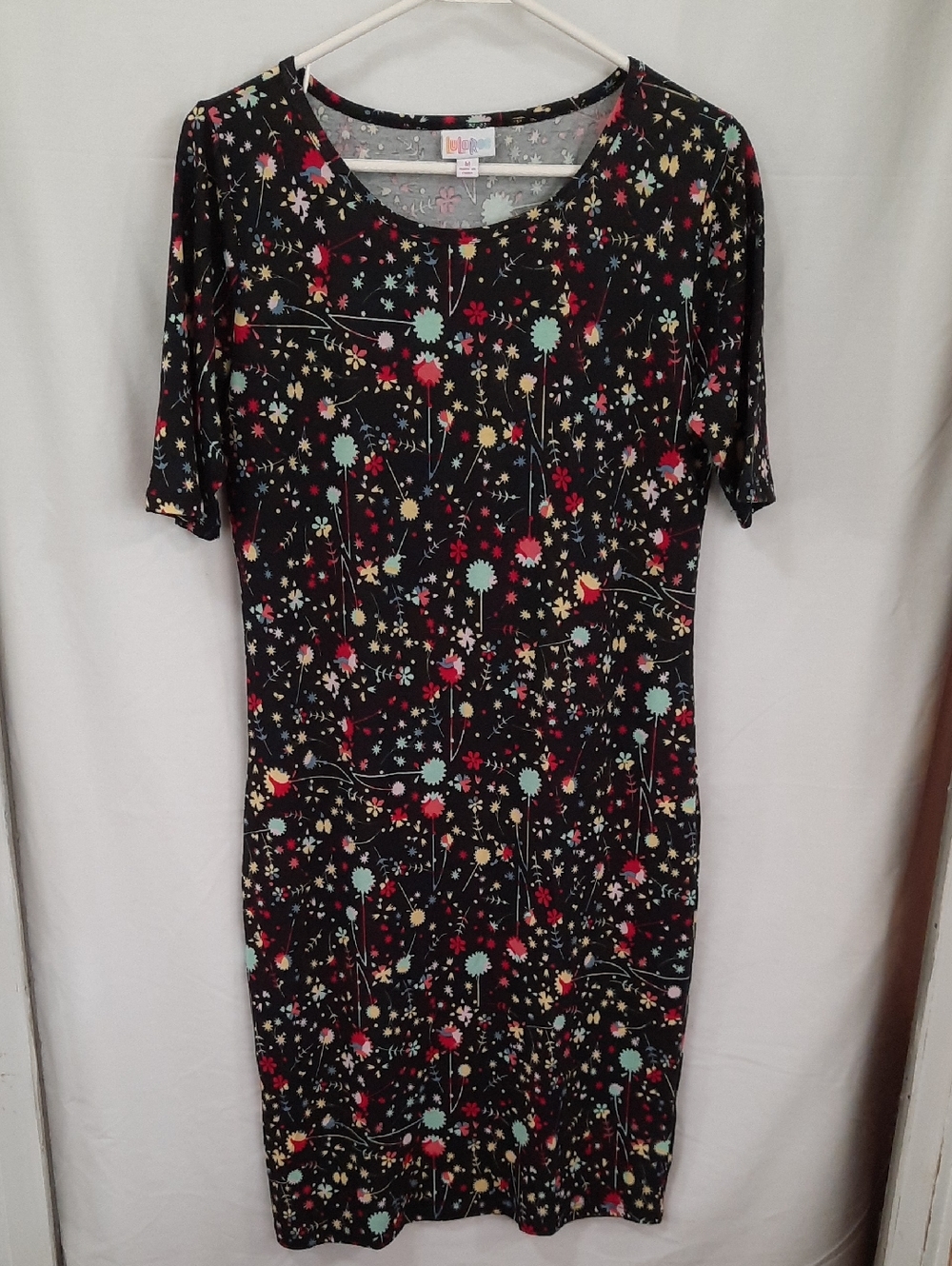LuLaRoe Black Midi Dress with Red, Mint, Yellow & Cream Floral Print - Size M